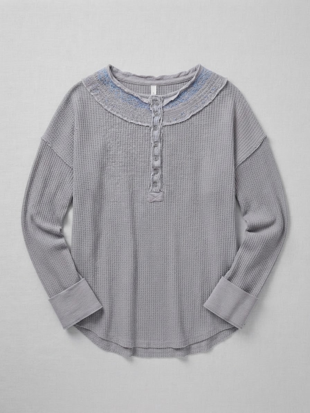 We The Free Light Gray Waffle Knit Henley Long-Sleeve Shirt